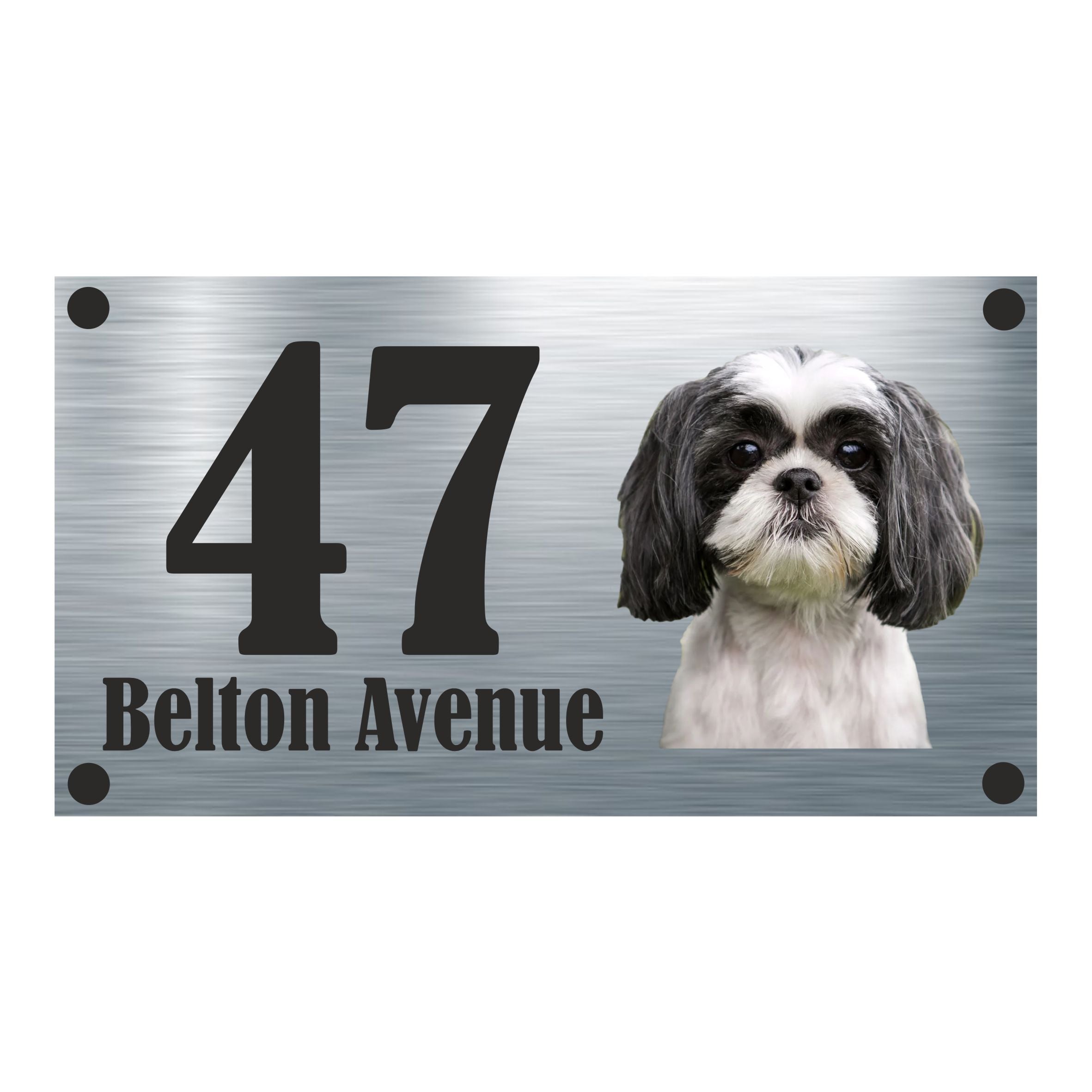Dog Collection - Shih Tzu White with Grey/Black Ears Aluminium House Sign - Personalised