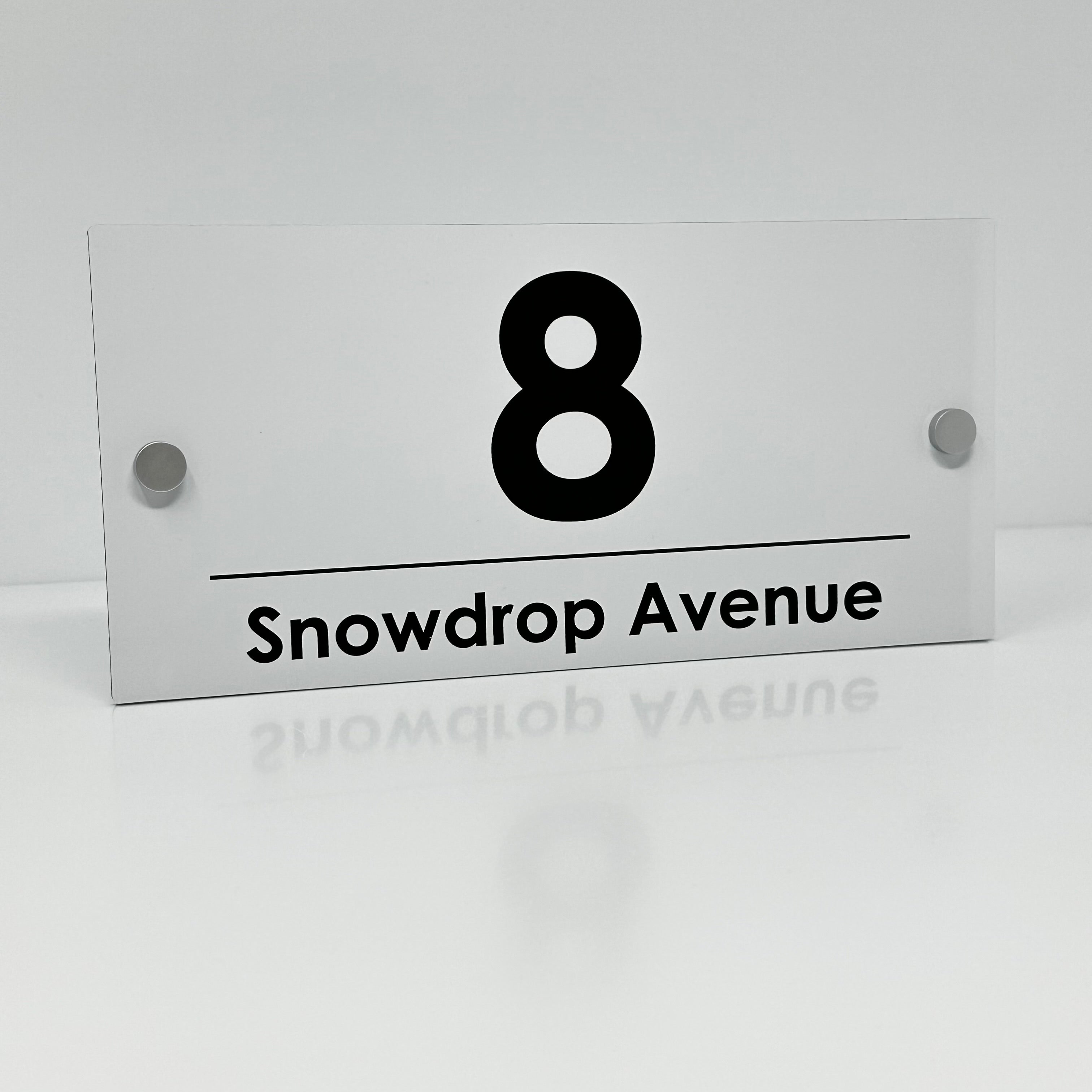 The Snowdrop Modern House Sign with a White Panel and Satin Silver Stand Off Fixings ( Size - 25cm x 12cm )