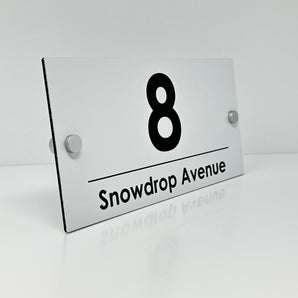 The Snowdrop Modern House Sign with a White Panel and Satin Silver Stand Off Fixings ( Size - 25cm x 12cm )