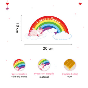 Personalised Unicorn on a Cloud with Rainbow Kids Bedroom Door Sign - Unique Gift