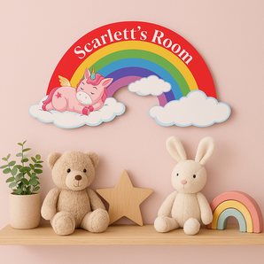 Personalised Unicorn on a Cloud with Rainbow Kids Bedroom Door Sign - Unique Gift