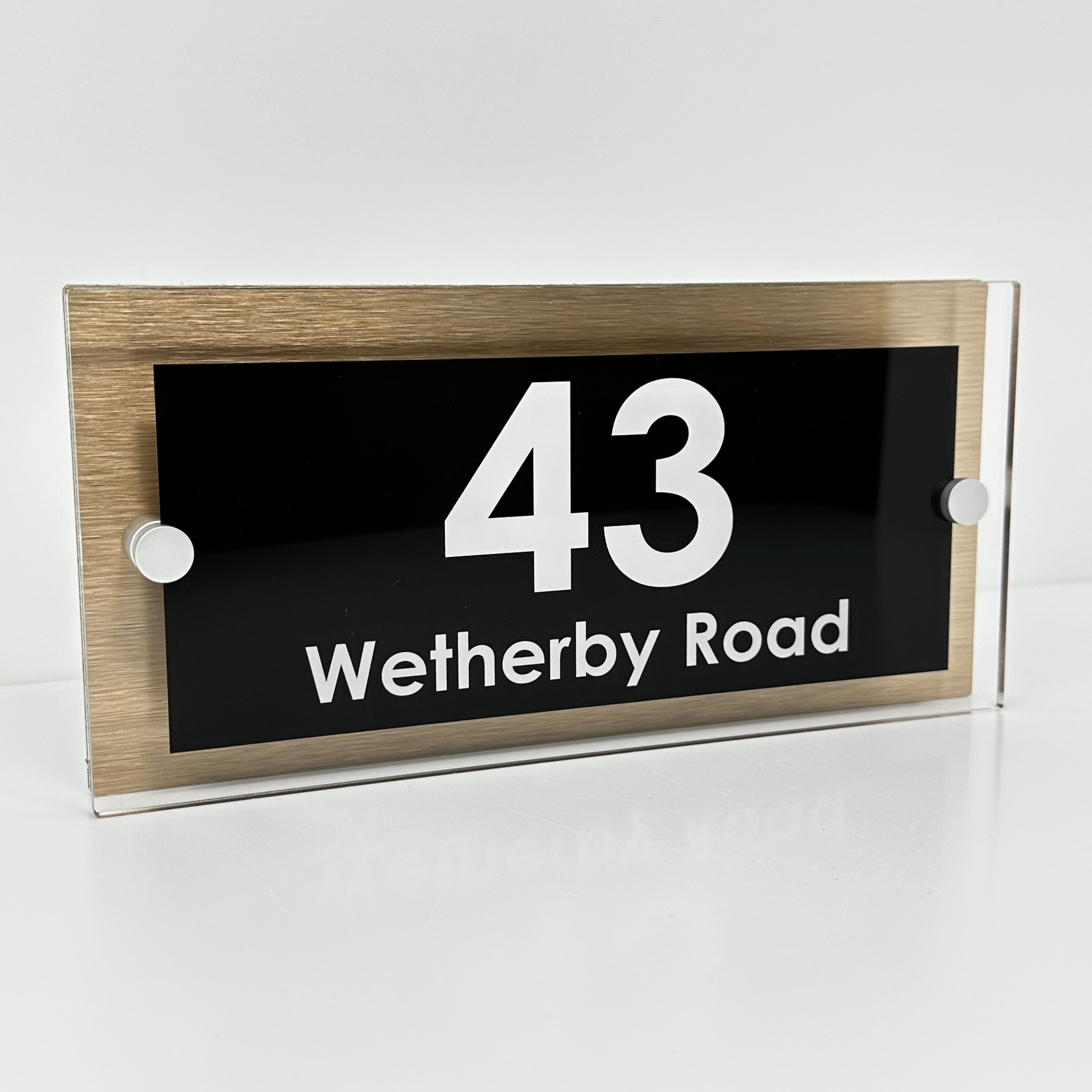 The Wetherby Modern House Sign with Perspex Acrylic Front, Brass Rear Panel and Satin Silver Stand Off Fixings ( Size - 25cm x 12cm )