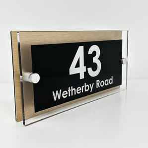 The Wetherby Modern House Sign with Perspex Acrylic Front, Brass Rear Panel and Satin Silver Stand Off Fixings ( Size - 25cm x 12cm )