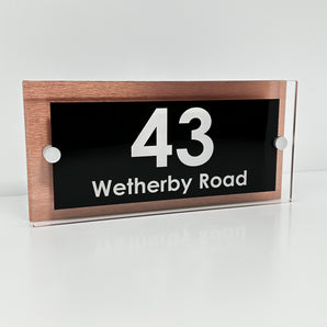 The Wetherby Modern House Sign with Perspex Acrylic Front, Copper Rear Panel and Satin Silver Stand Off Fixings ( Size - 25cm x 12cm )