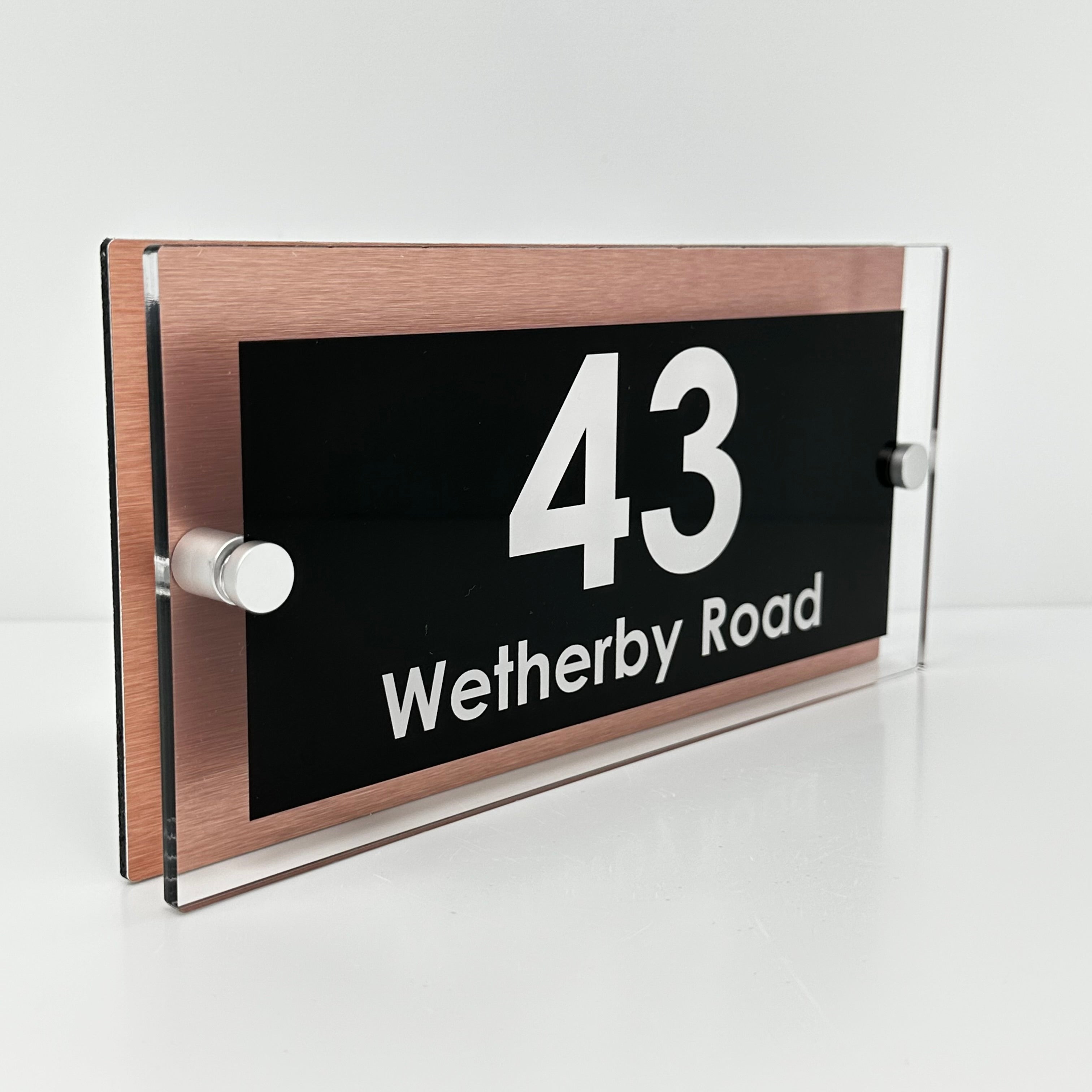 The Wetherby Modern House Sign with Perspex Acrylic Front, Copper Rear Panel and Satin Silver Stand Off Fixings ( Size - 25cm x 12cm )