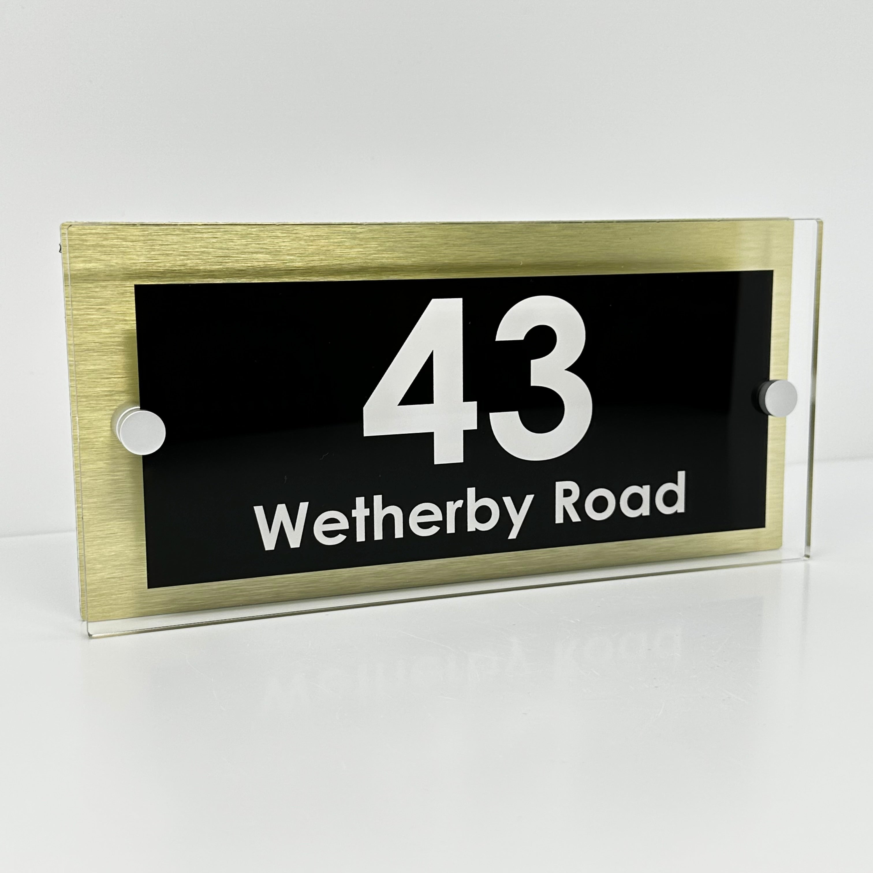 The Wetherby Modern House Sign with Perspex Acrylic Front, Gold Rear Panel and Satin Silver Stand Off Fixings ( Size - 25cm x 12cm )