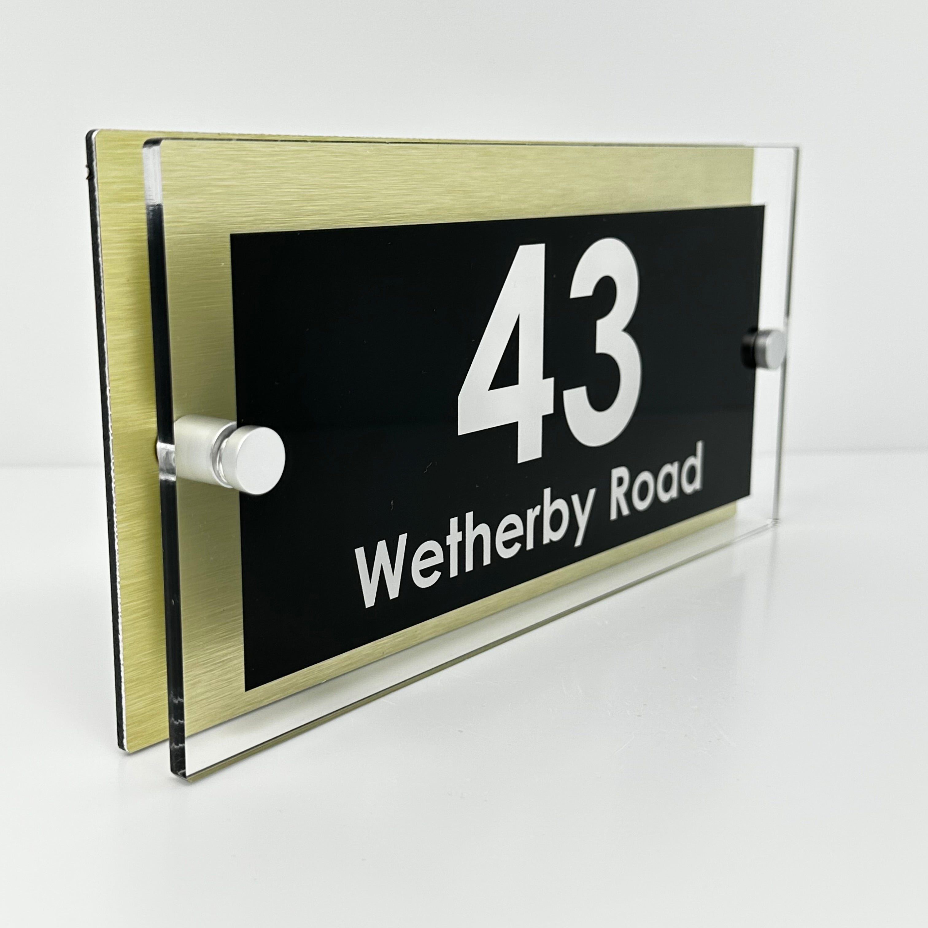 The Wetherby Modern House Sign with Perspex Acrylic Front, Gold Rear Panel and Satin Silver Stand Off Fixings ( Size - 25cm x 12cm )