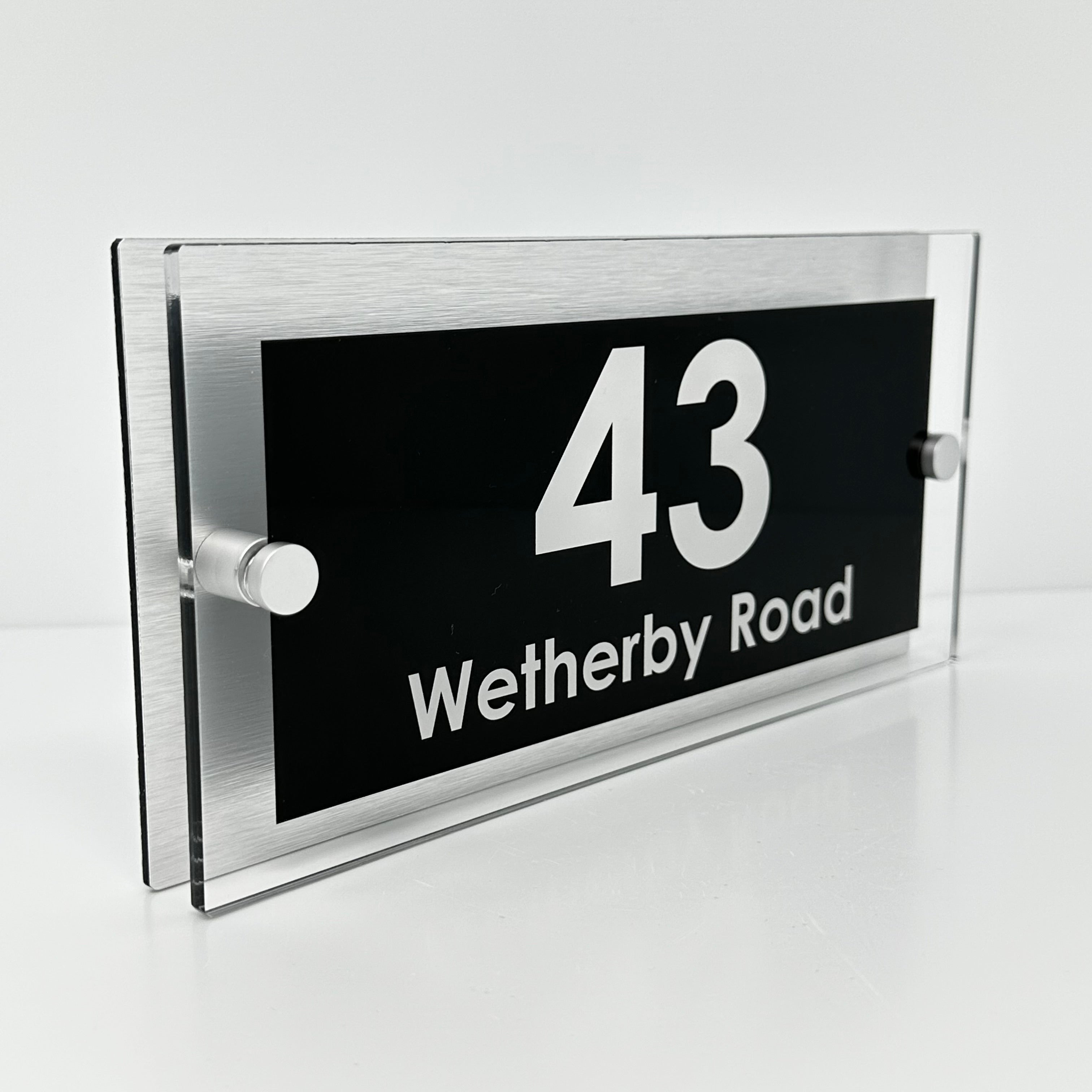 The Wetherby Modern House Sign with Perspex Acrylic Front, Silver Rear Panel and Satin Silver Stand Off Fixings ( Size - 25cm x 12cm )