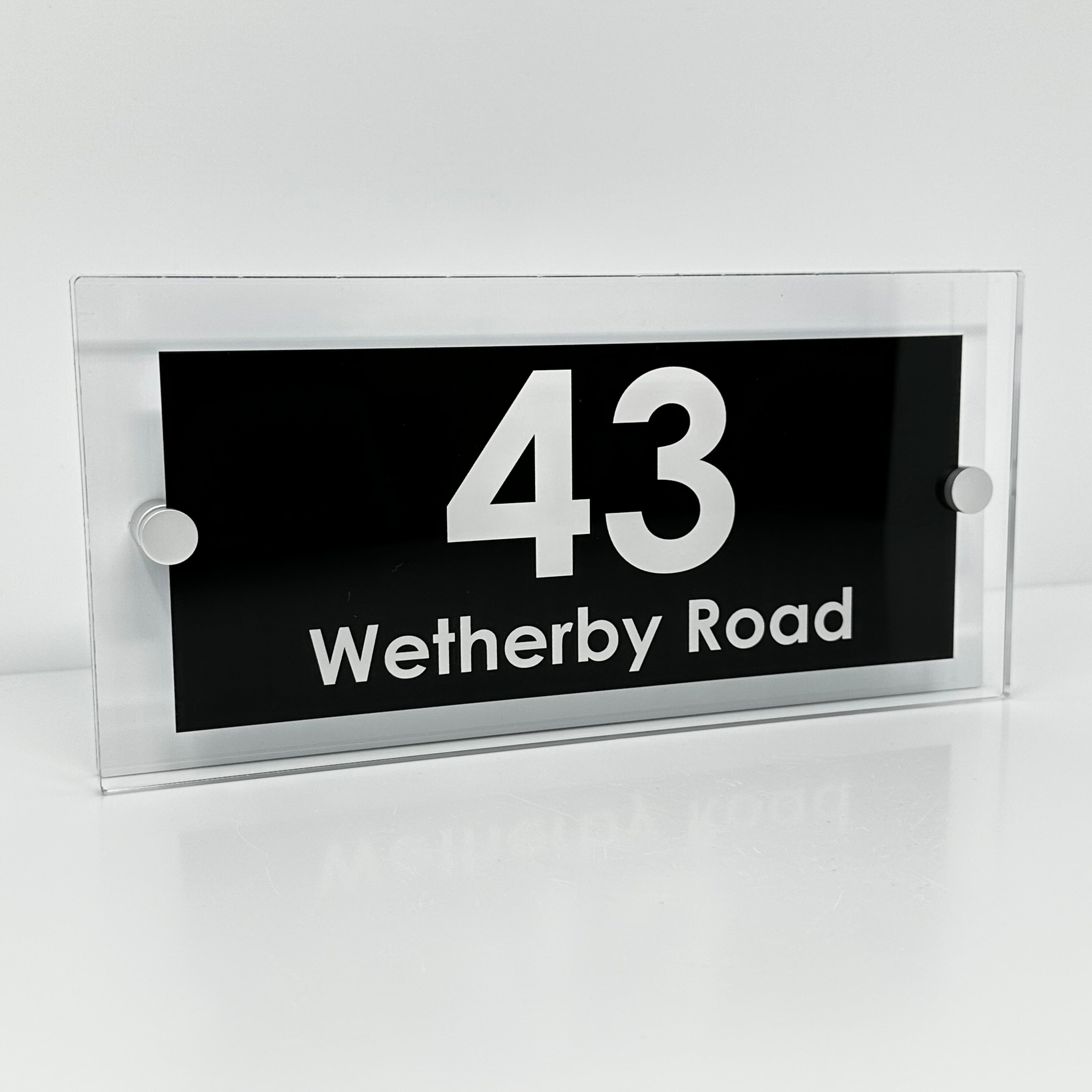 The Wetherby Modern House Sign with Perspex Acrylic Front, White Rear Panel and Satin Silver Stand Off Fixings ( Size - 25cm x 12cm )