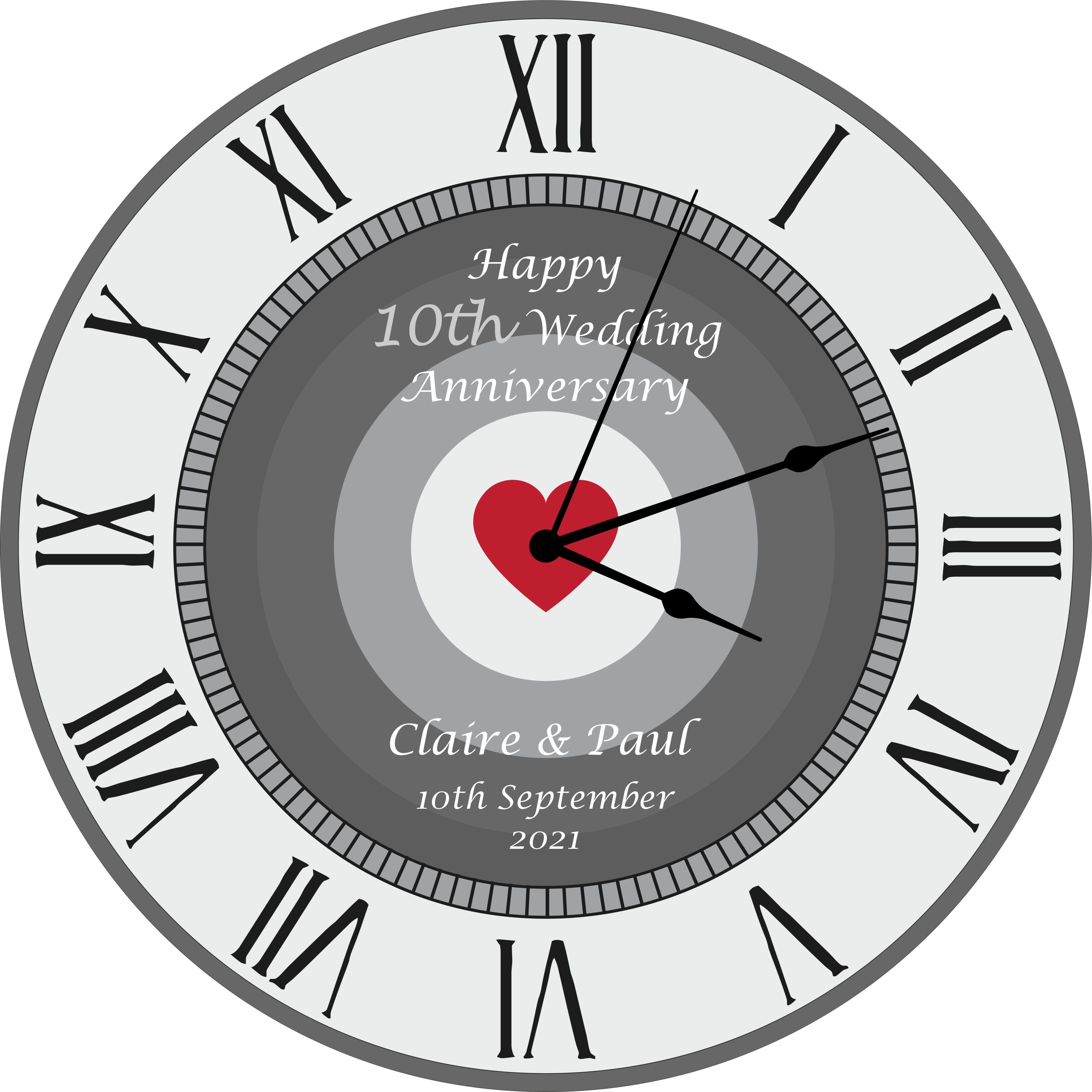 10th Tin Wedding Anniversary Clock - Bespoke Personalised Anniversary Gift (30cm Silent Clock)