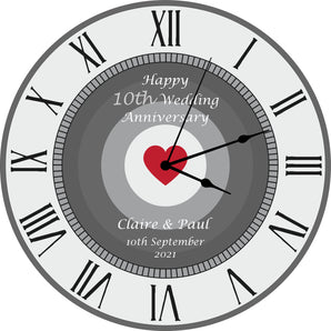 10th Tin Wedding Anniversary Clock - Bespoke Personalised Anniversary Gift (30cm Silent Clock)