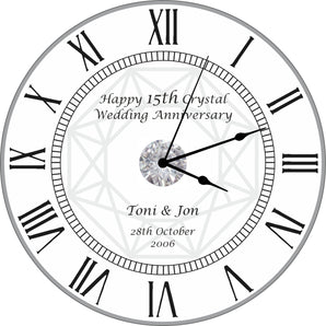 15th Crystal Wedding Anniversary Clock - Bespoke Personalised Anniversary Gift (30cm Silent Clock)