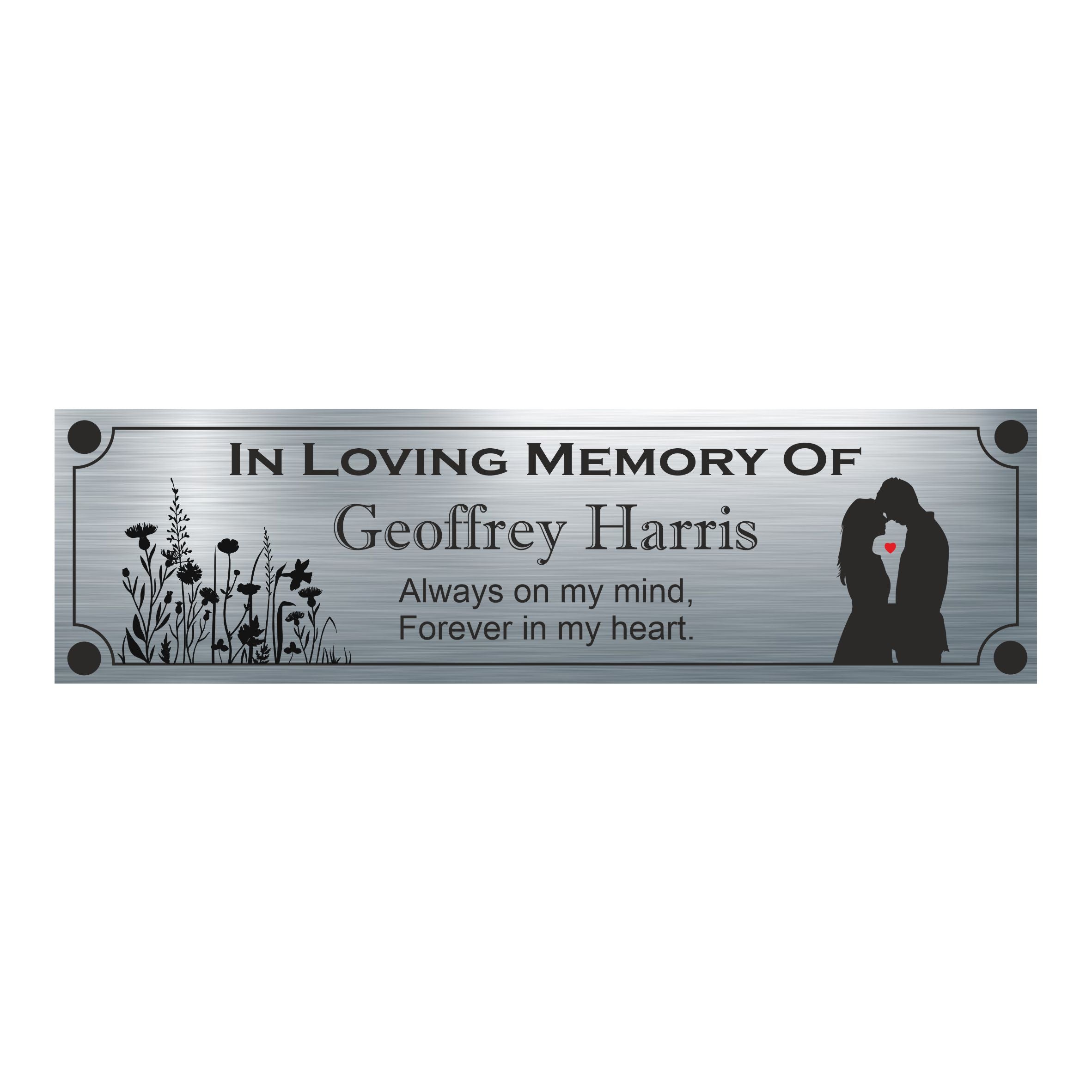 Bench Memorial Plaque - Silhouette With Red Heart Aluminium Plaque - Personalised With Any Name ( 7cm x 25cm )