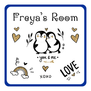 Personalised Cute Penguins In Love Kids Bedroom Door Sign - Unique Gift