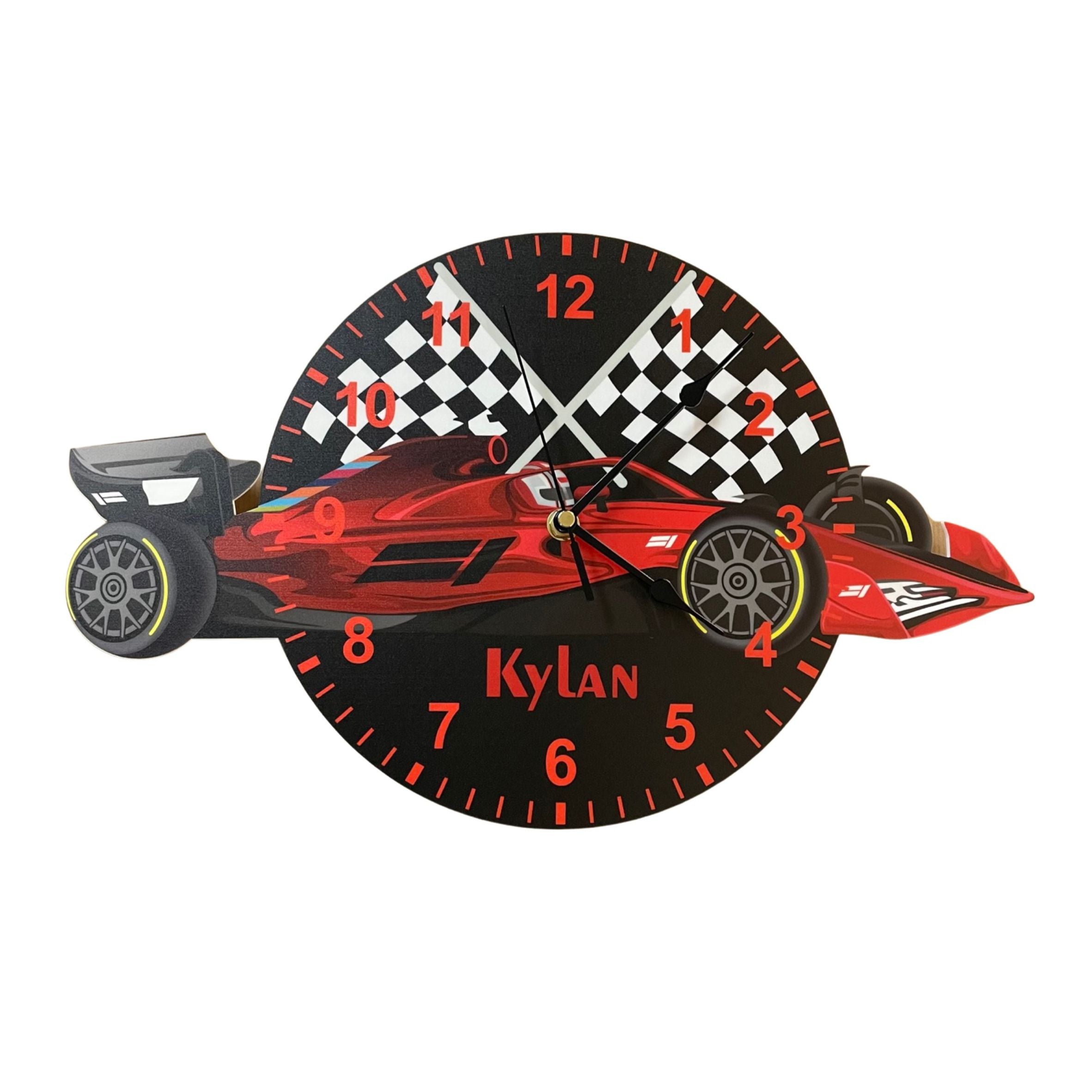 F1 Red Race Car Shaped Kids Silent Clock - Bespoke Personalised Specia ...