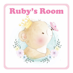 Personalised Bear and Butterfly Kids Bedroom Door Sign - Unique Gift