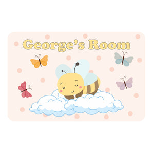 Personalised Cute Bee Asleep On Clouds With Butterflies Kids Bedroom Door Sign - Unique Gift