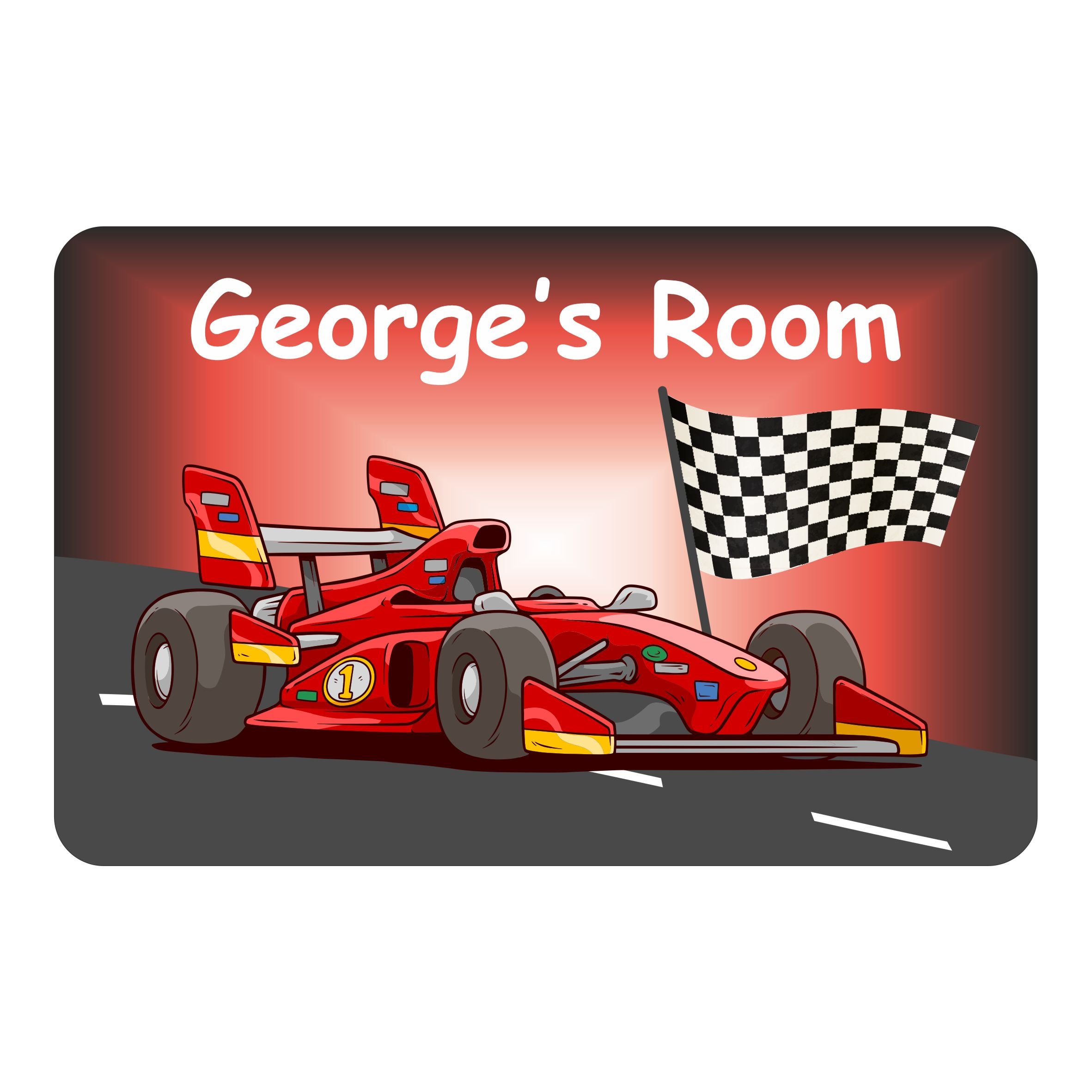 Personalised Red Racing Car With Flag Kids Bedroom Door Sign - Unique Gift