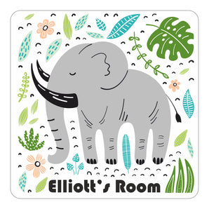 Personalised Cute Elephant with Leaves & Flowers Kids Bedroom Door Sign - Unique Gift