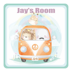 Personalised Animals In A Camper Kids Bedroom Door Sign - Unique Gift