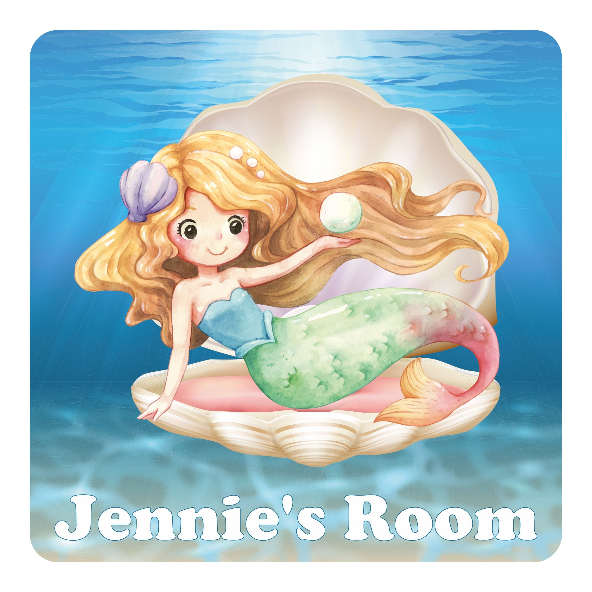 Personalised Mermaid On A Shell Kids Bedroom Door Sign - Unique Gift