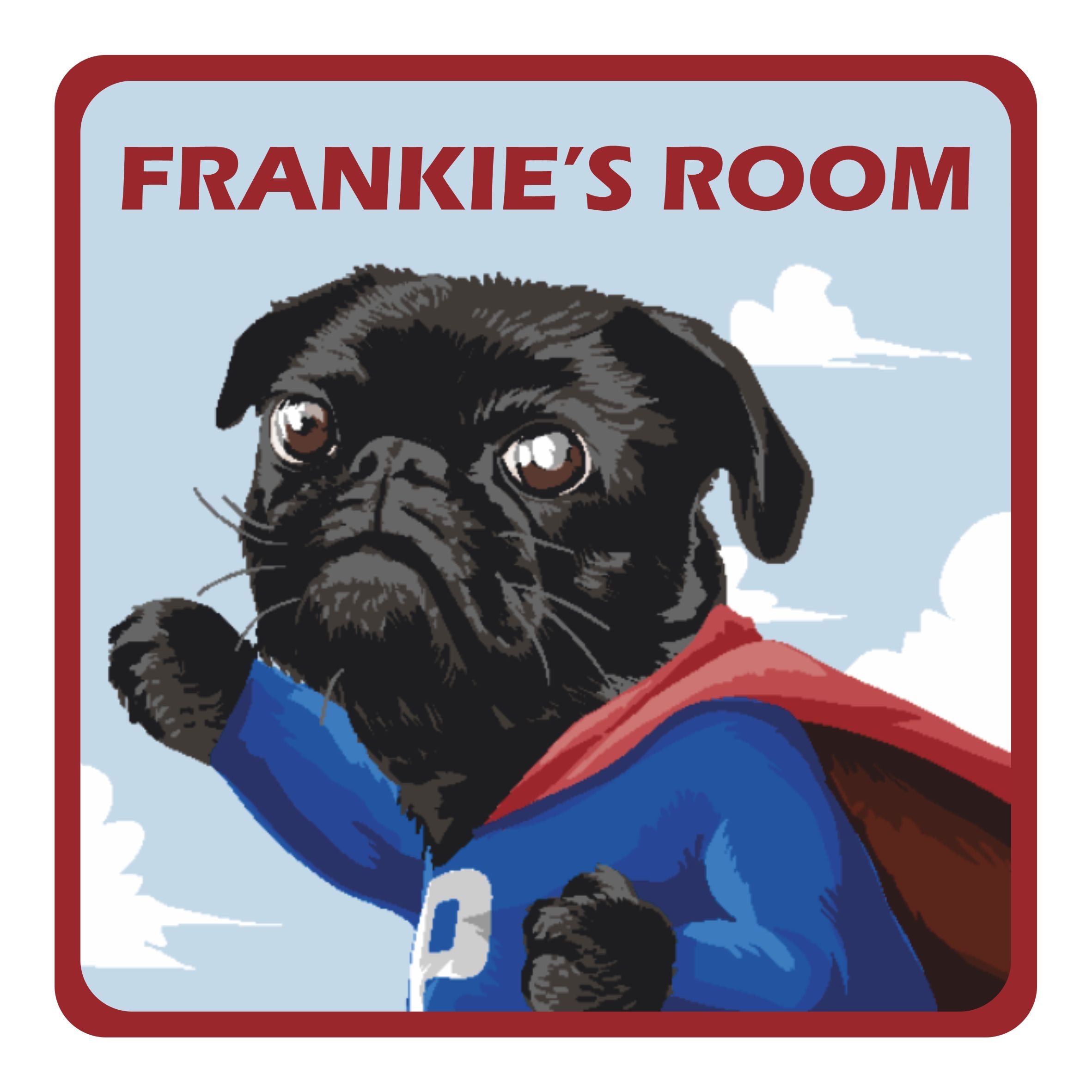 Personalised Flying Super-Pug Kids Bedroom Door Sign - Unique Gift