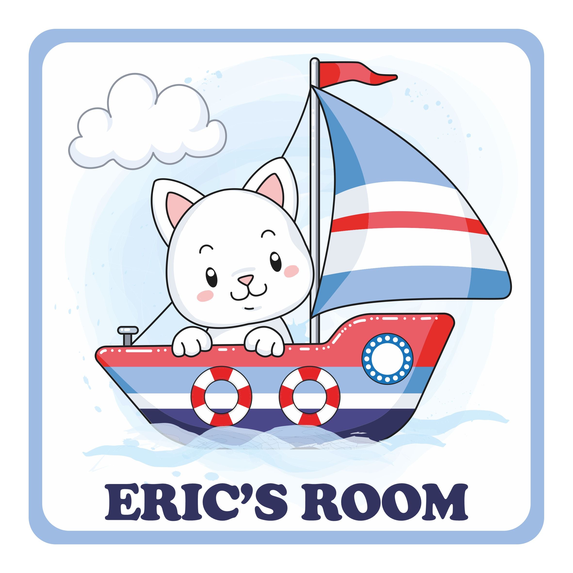 Personalised Cute Cat Sailing A Boat Kids Bedroom Door Sign - Unique Gift