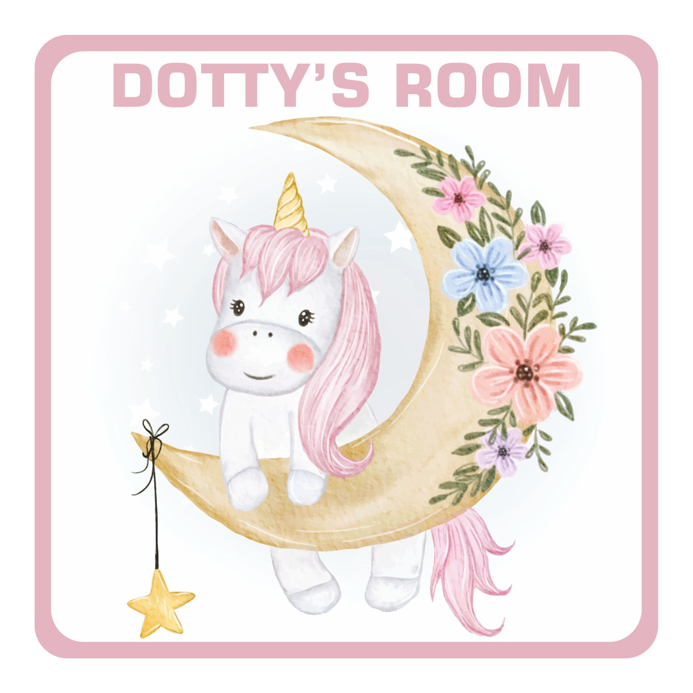Personalised Cute Unicorn On A Moon With Flowers Kids Bedroom Door Sign - Unique Gift