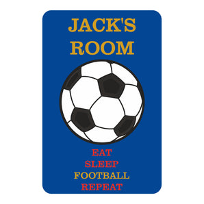 Personalised Blue, Eat Sleep Football Repeat Kids Bedroom Door Sign - Unique Gift