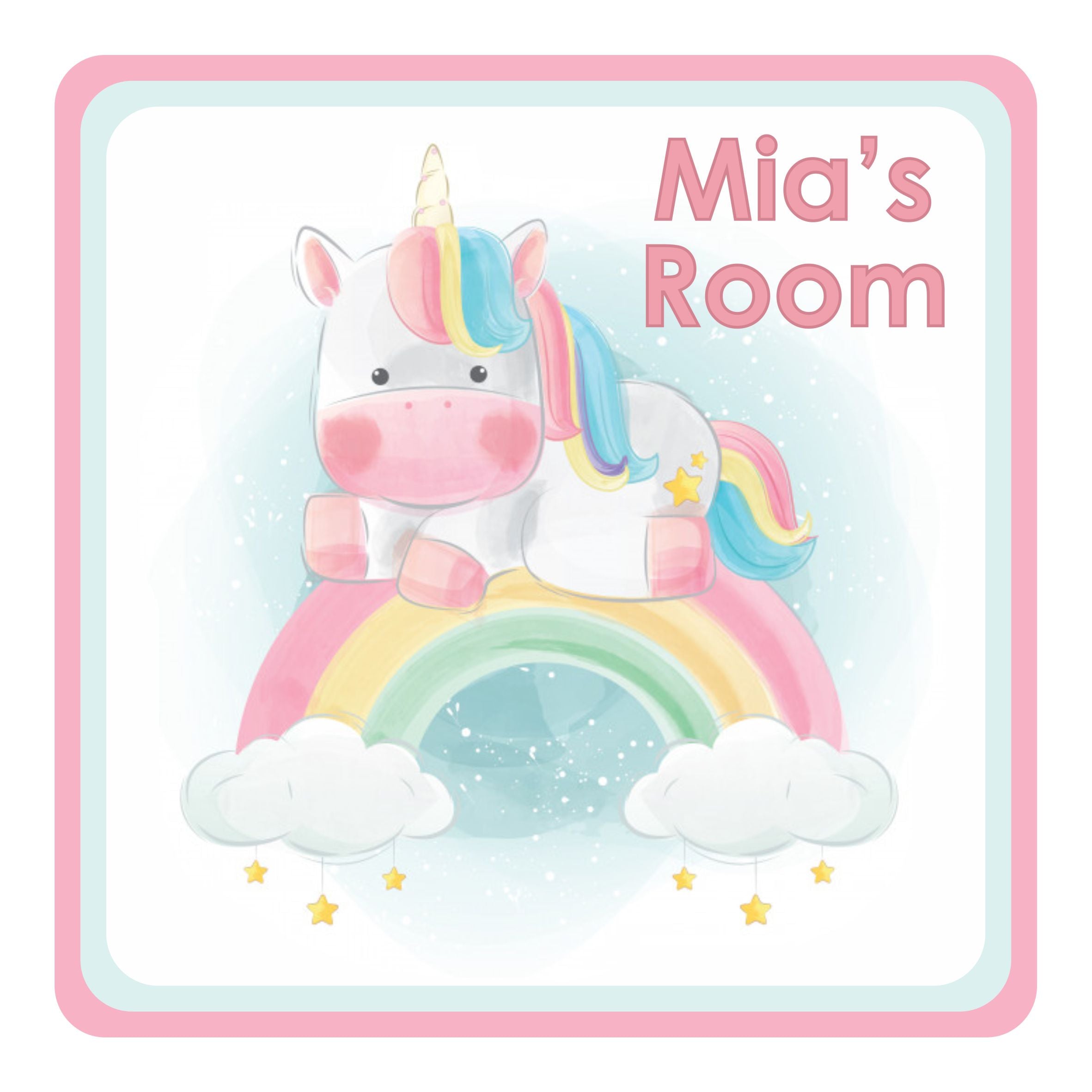 Personalised Unicorn On A Rainbow - Clouds and Stars Kids Bedroom Door Sign - Unique Gift