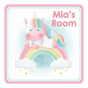 Personalised Unicorn On A Rainbow - Clouds and Stars Kids Bedroom Door Sign - Unique Gift