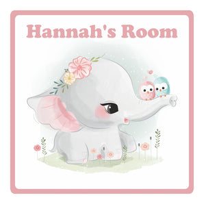 Personalised Cute Elephant with Birds Kids Bedroom Door Sign  - Unique Gift