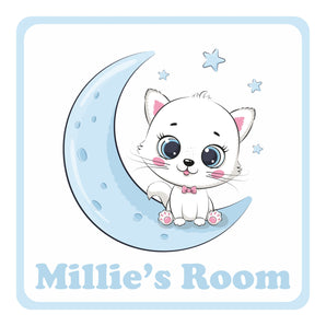 Personalised Cute Cat On A Moon Kids Bedroom Door Sign - Unique Gift