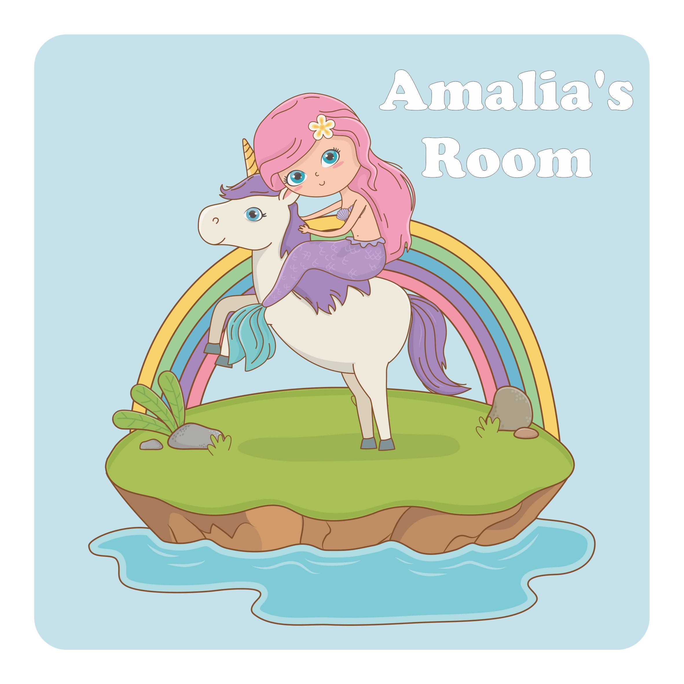 Personalised Mermaid On A Unicorn Kids Bedroom Door Sign - Unique Gift