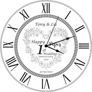 1st Paper Wedding Anniversary Clock - Bespoke Personalised Anniversary Gift (30cm Silent Clock)