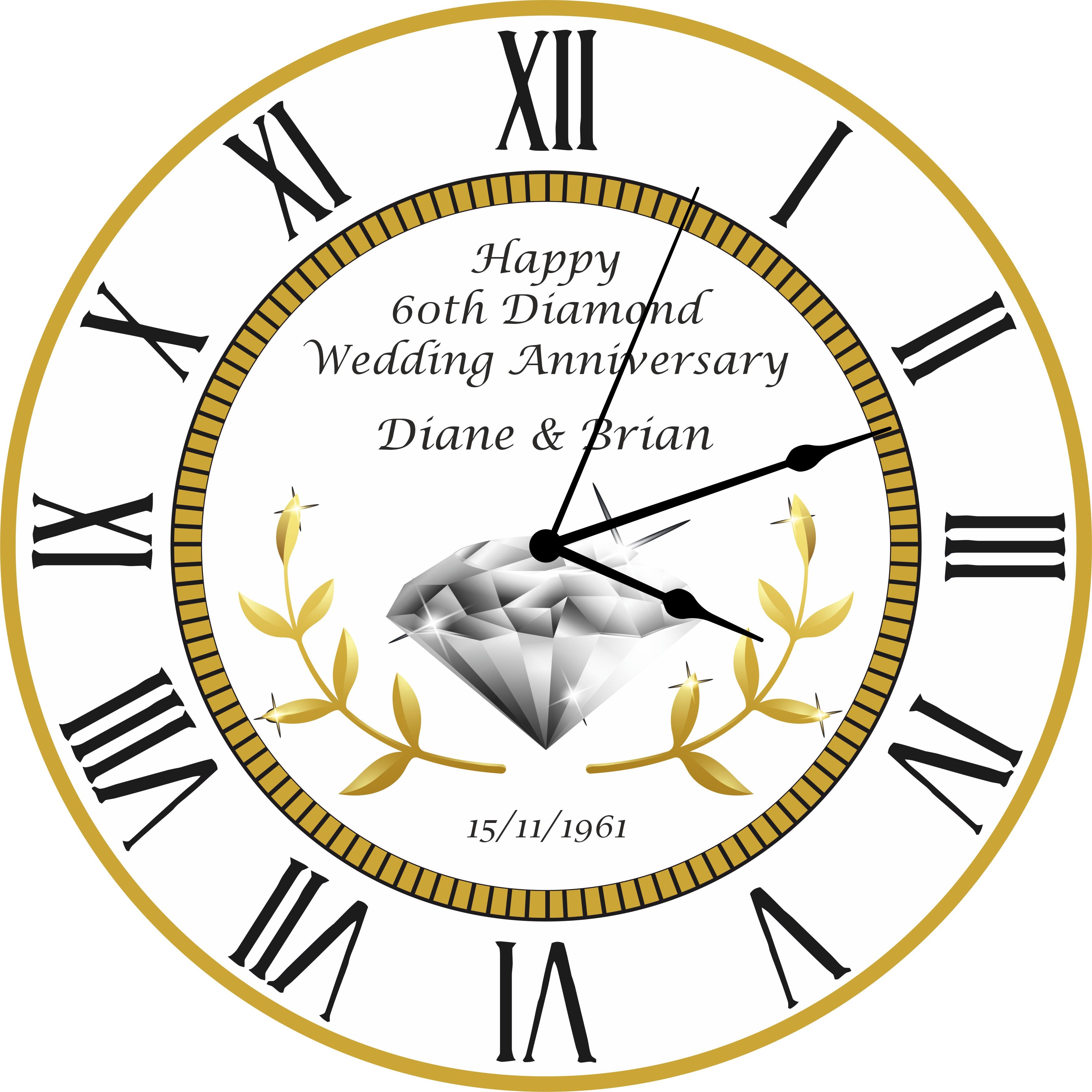60th Diamond Wedding Anniversary Clock - Bespoke Personalised Anniversary Gift (30cm Silent Clock)