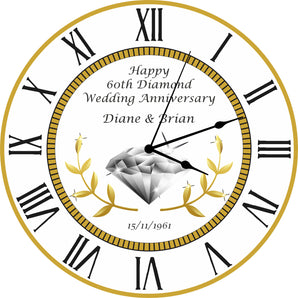 60th Diamond Wedding Anniversary Clock - Bespoke Personalised Anniversary Gift (30cm Silent Clock)