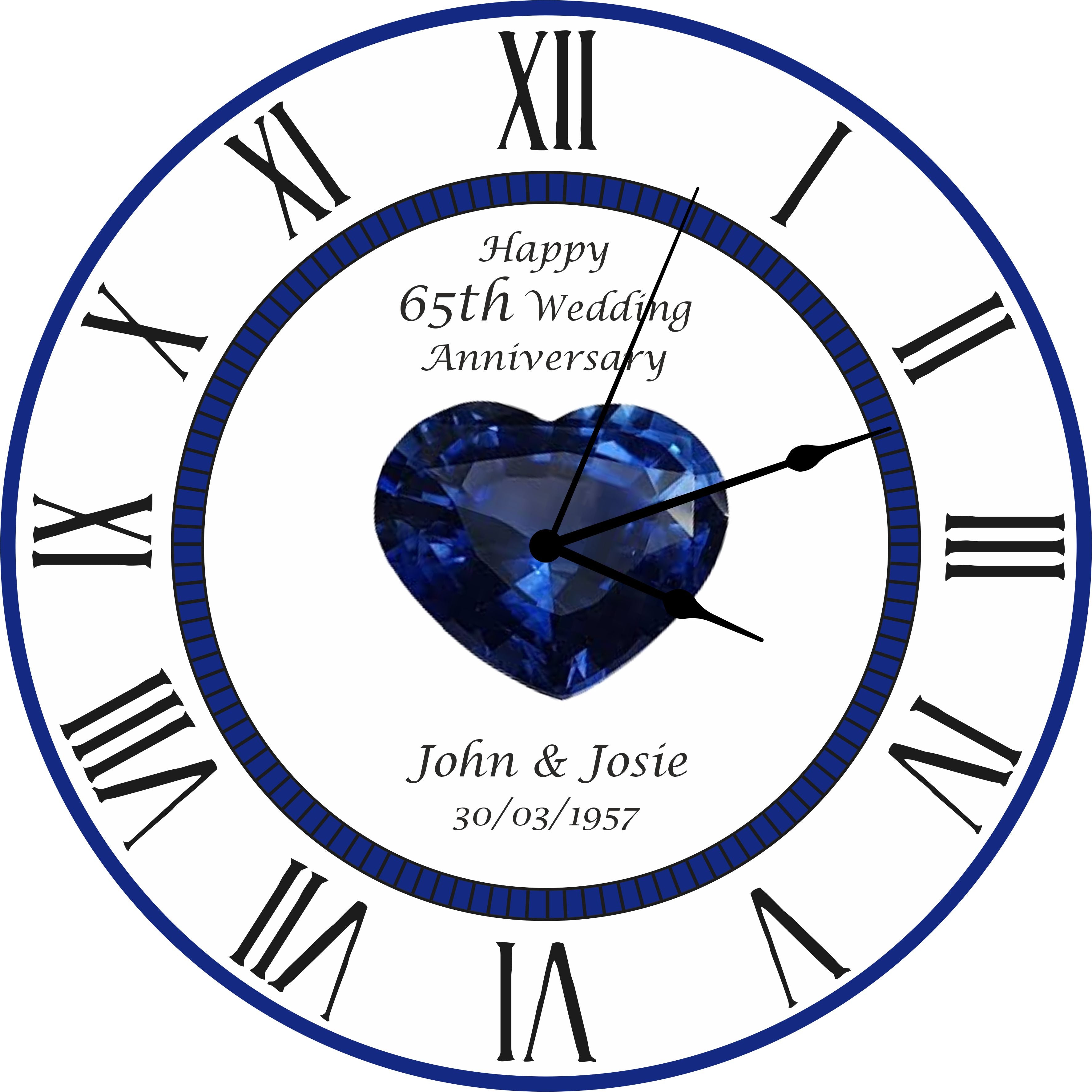 65th Blue Sapphire Wedding Anniversary Clock - Bespoke Personalised Anniversary Gift (30cm Silent Clock)