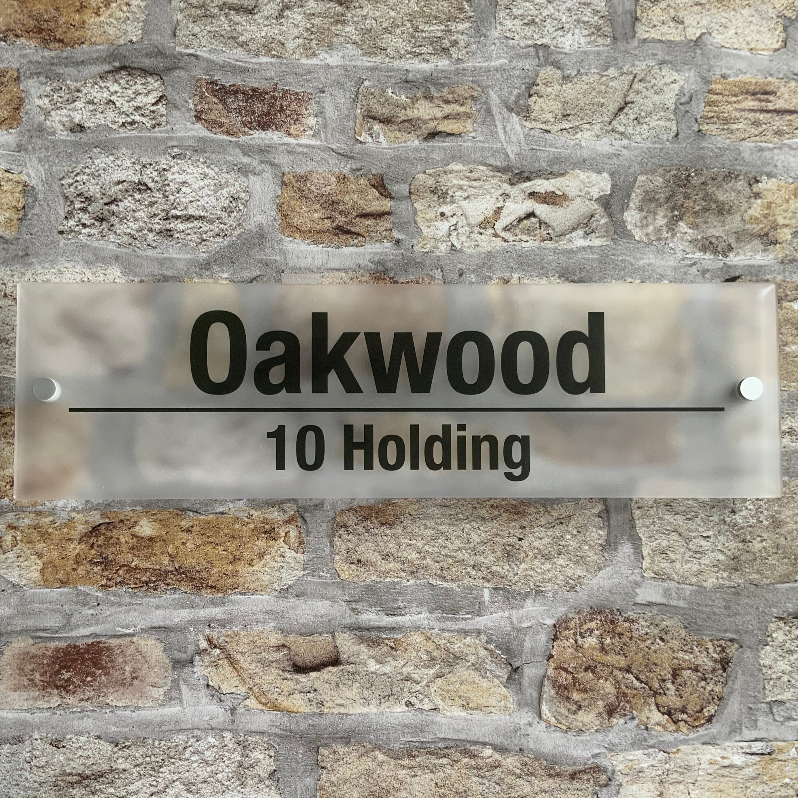 Oakwood Frosted Effect House Sign, Satin Silver Stand Off Fixings ( Size - 42cm x 12cm )