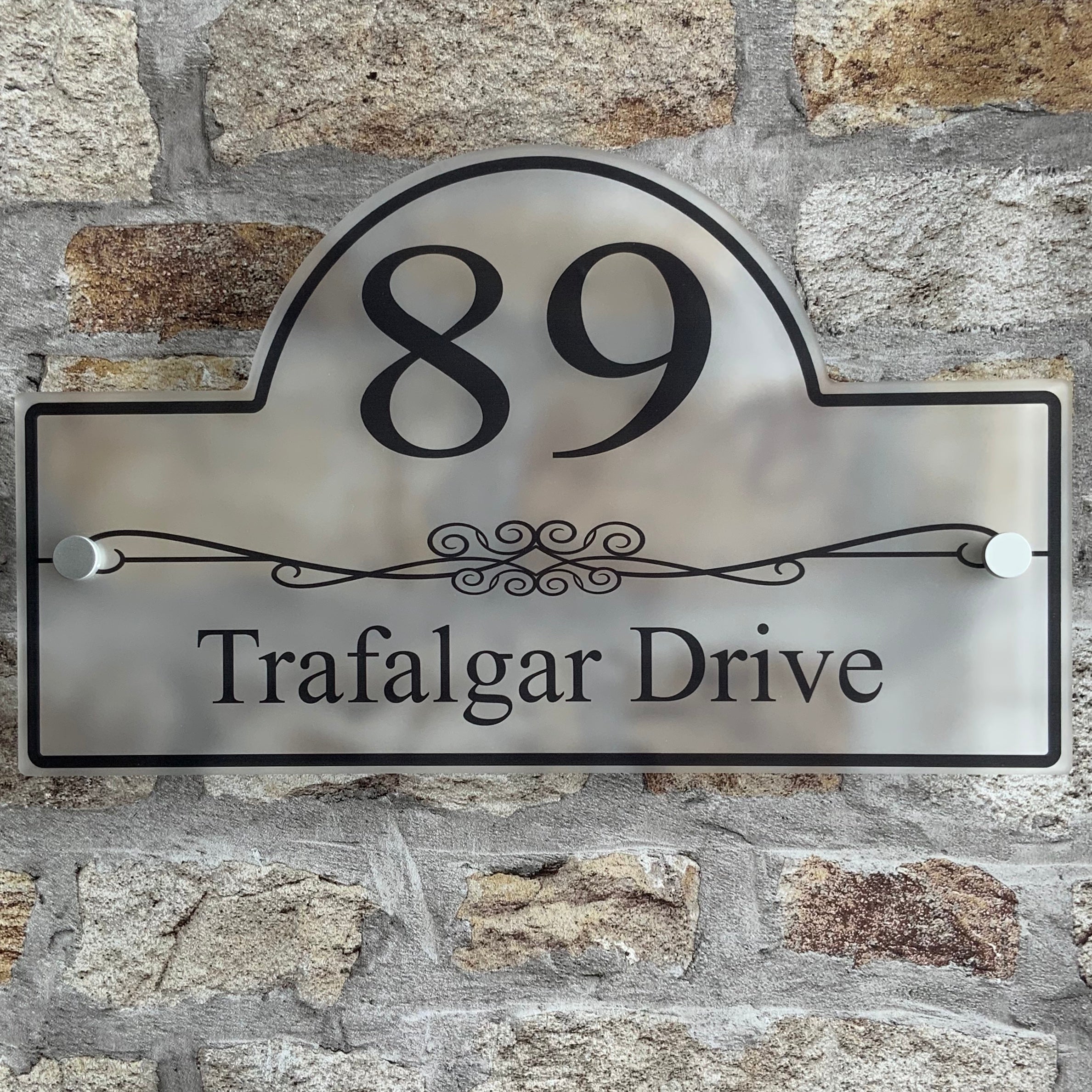 The Trafalgar Modern House Sign with Frosted Perspex Acrylic, Satin Silver Stand Off Fixings ( Size - 30cm x 18cm )
