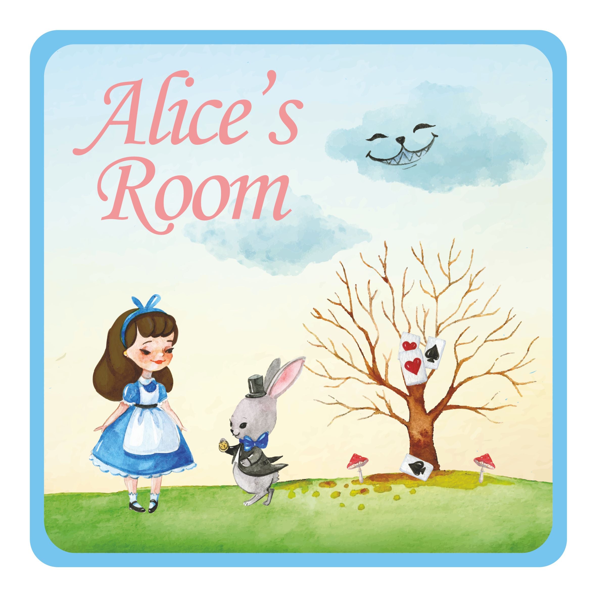 Personalised Alice Rabbit Cards Theme Kids Bedroom Door Sign - Unique Gift