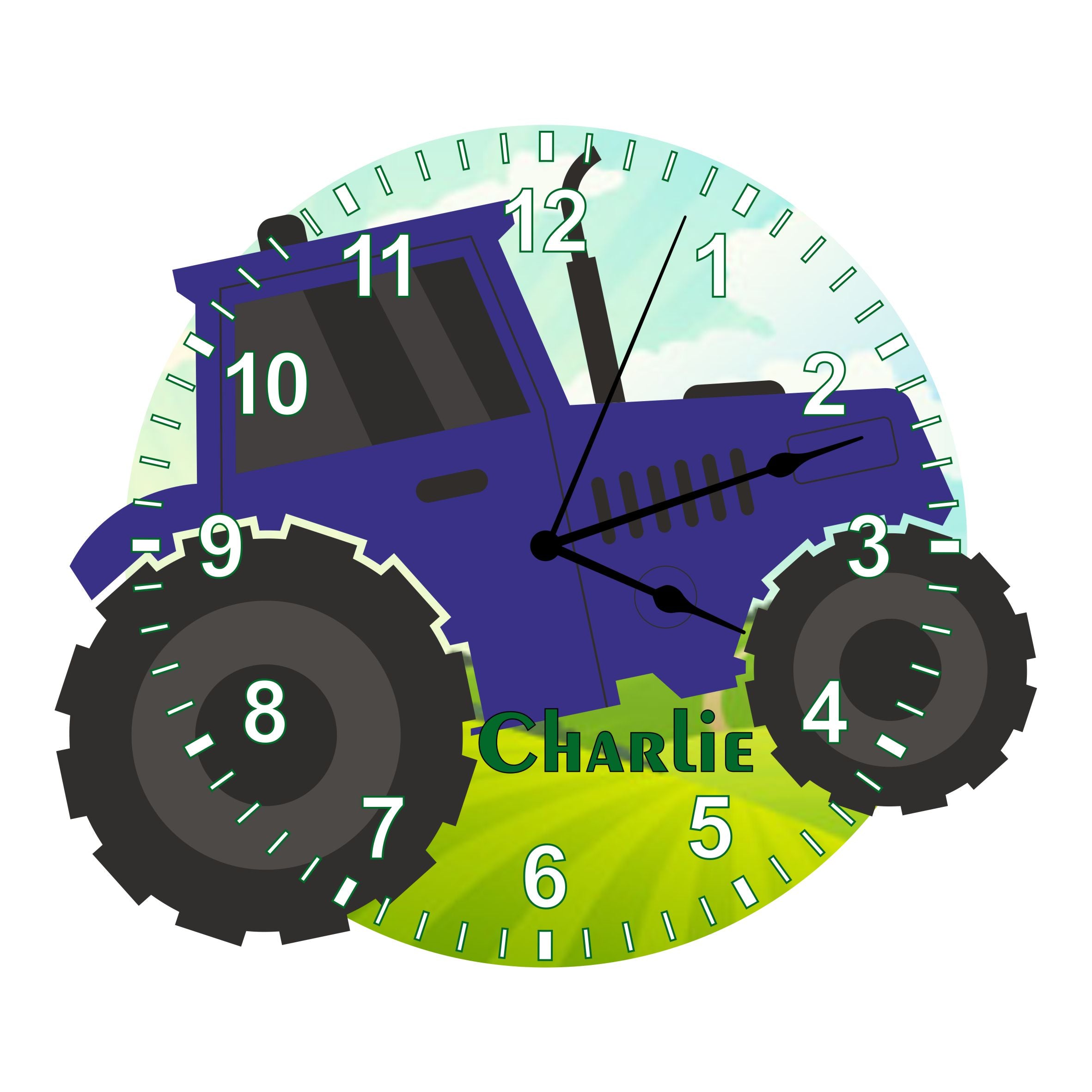 Blue Tractor Shaped Kids Silent Clock - Bespoke Personalised Special Gift