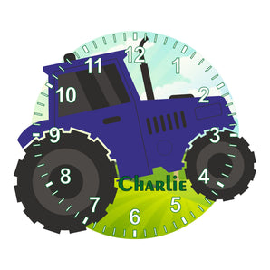 Blue Tractor Shaped Kids Silent Clock - Bespoke Personalised Special Gift