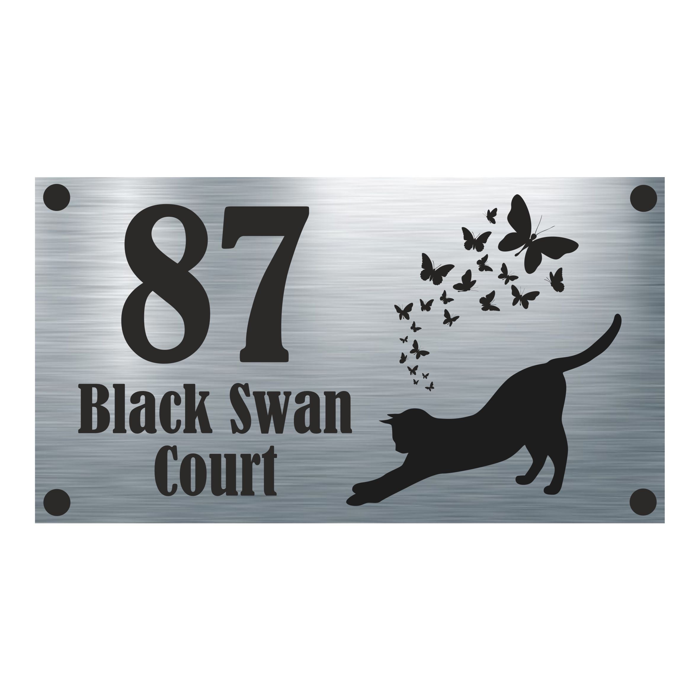 Cat Collection - Black Cat Silhouette 3 - Aluminium House Sign - Personalised