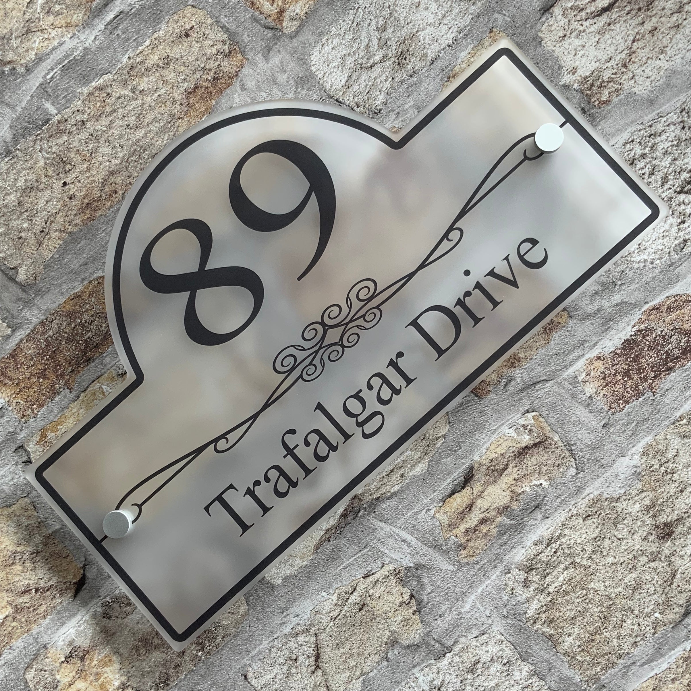 The Trafalgar Modern House Sign with Frosted Perspex Acrylic, Satin Silver Stand Off Fixings ( Size - 30cm x 18cm )