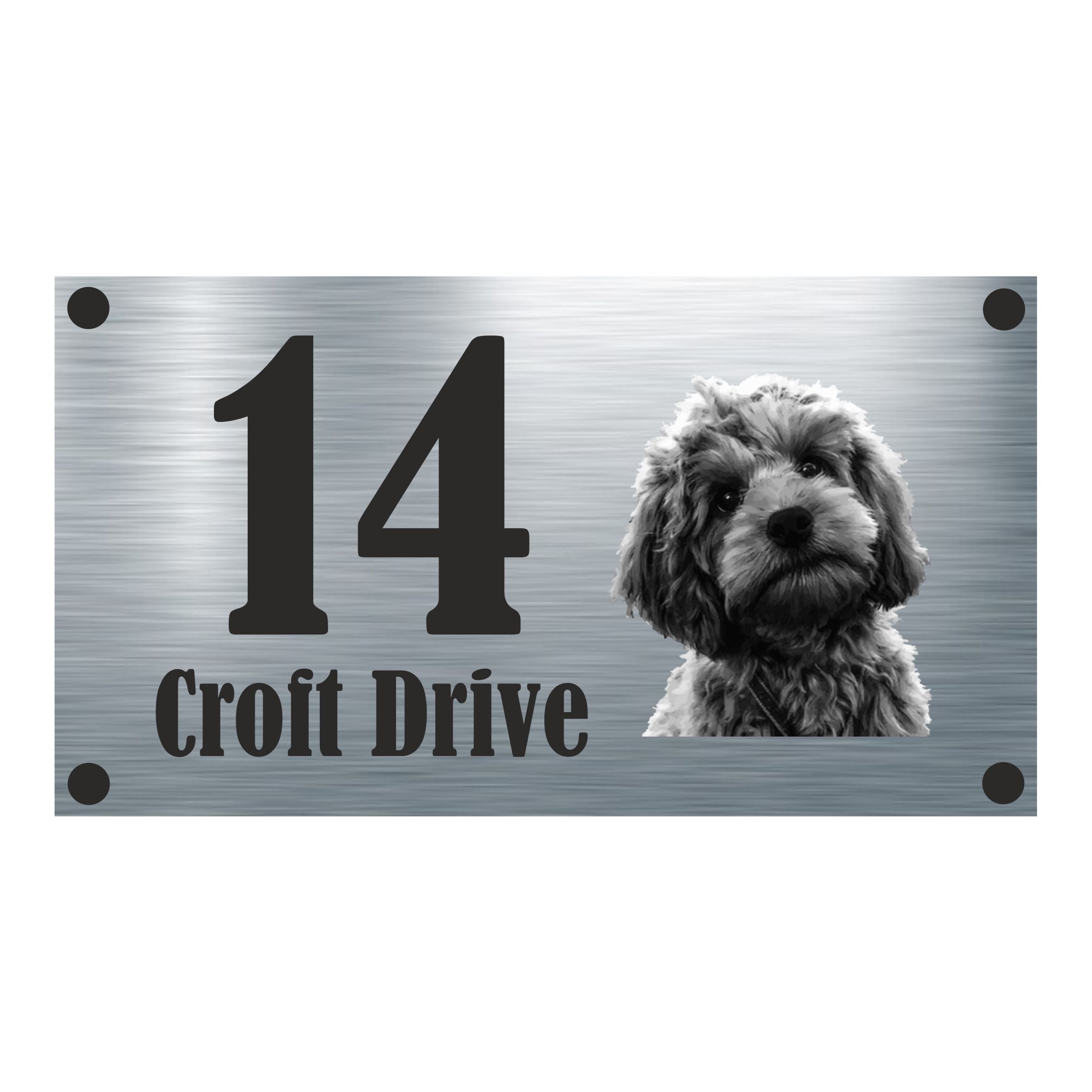 Dog Collection - Black and White Cockapoo Aluminium House Sign - Personalised