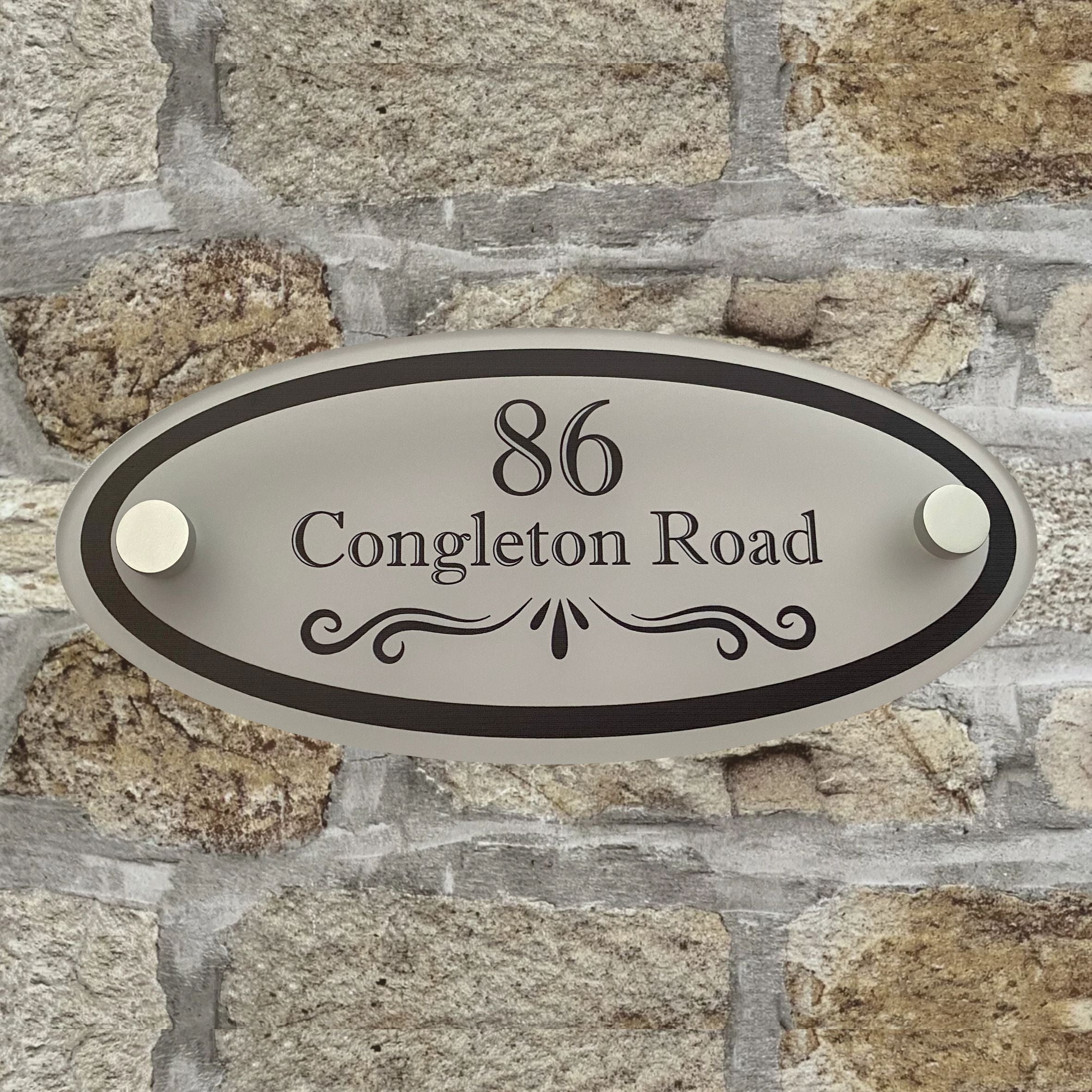 Oval Shape Congleton Frosted Effect House Sign, Satin Silver Stand Off Fixings ( Size - 18cm x 8cm )