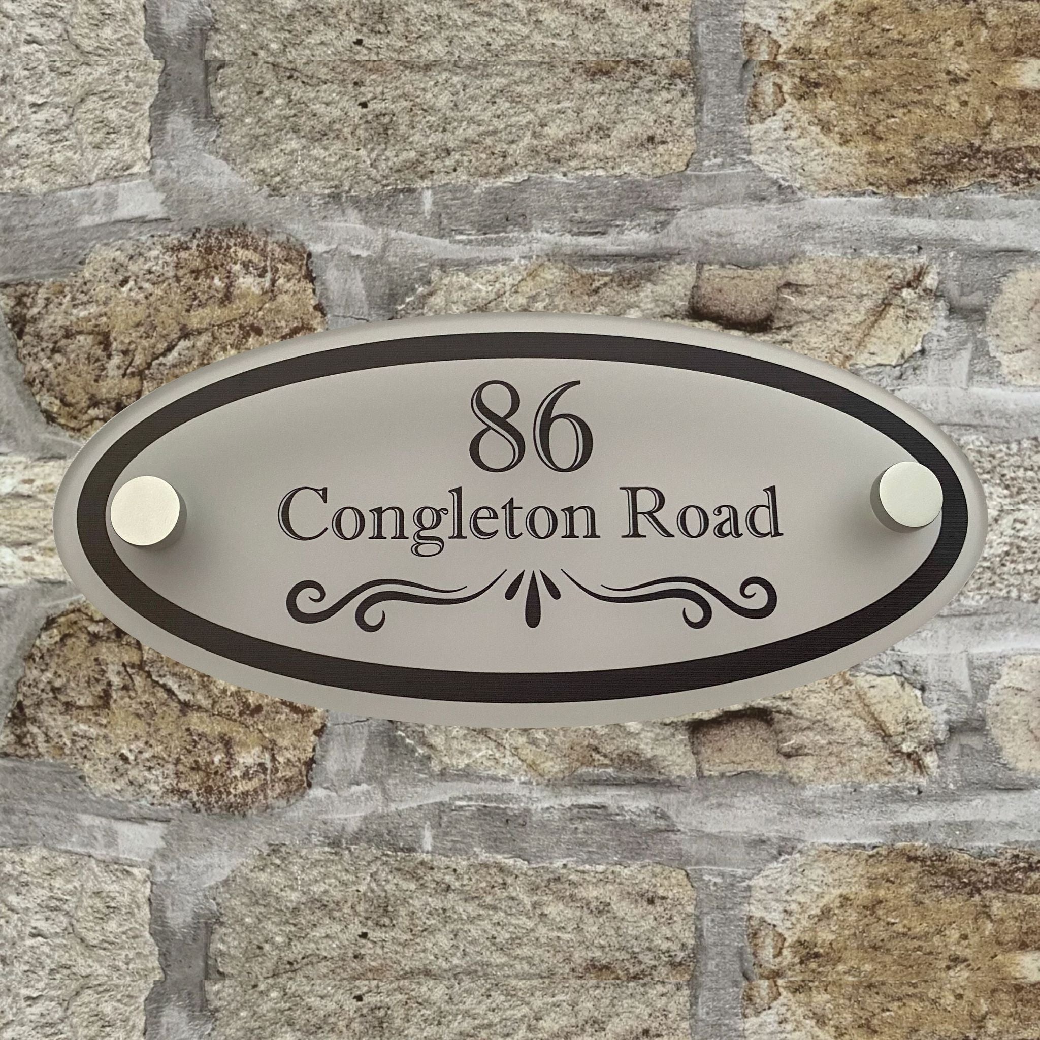 LARGE Oval Shape Congleton Frosted Effect House Sign, Satin Silver Stand Off Fixings ( Size - 30cm x 13cm )