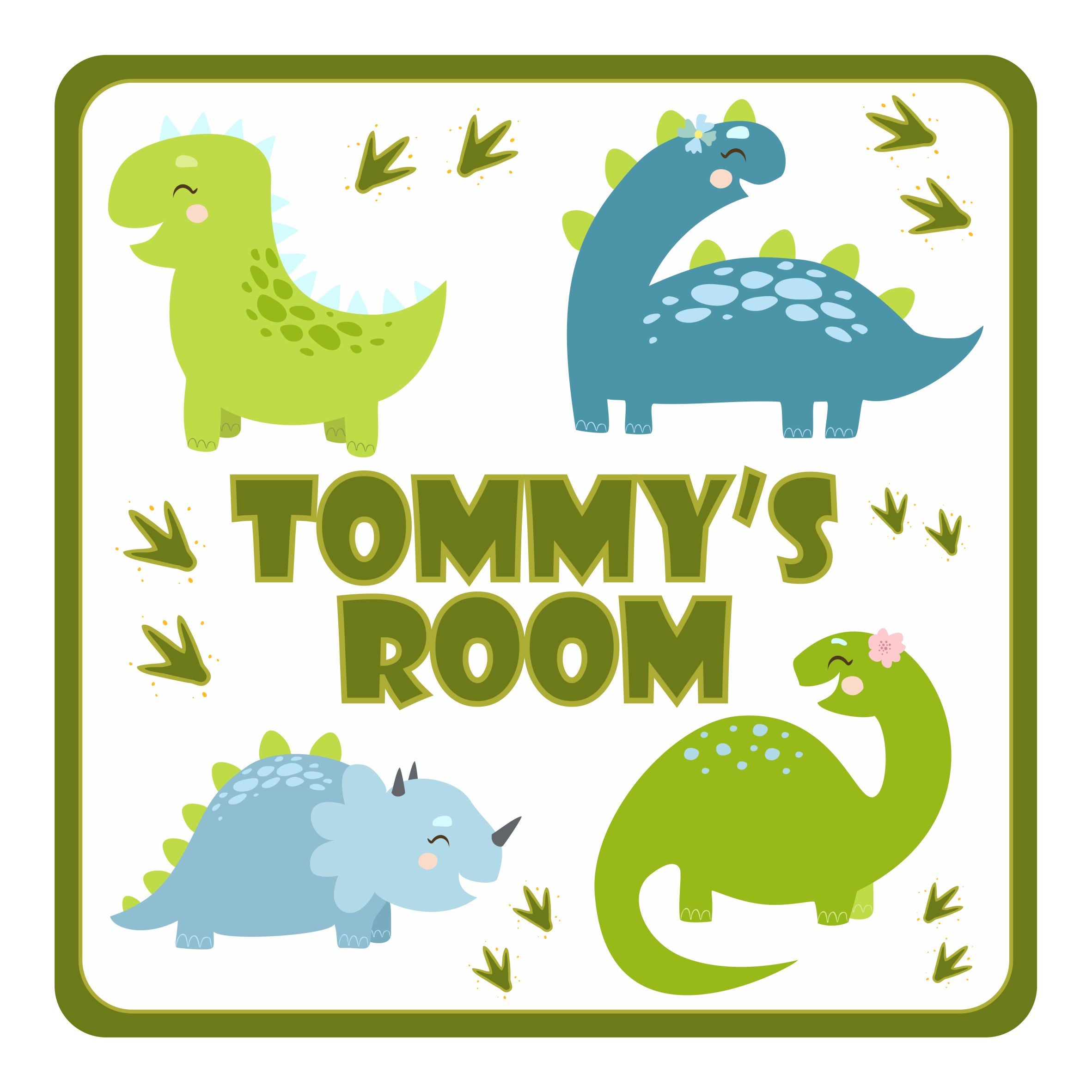 Personalised Cute Dinosaur with Foot Prints Kids Bedroom Door Sign - Unique Gift