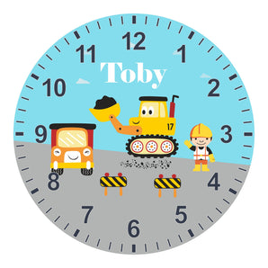 Construction/Digger Kids Silent Clock - Bespoke Personalised Special Gift